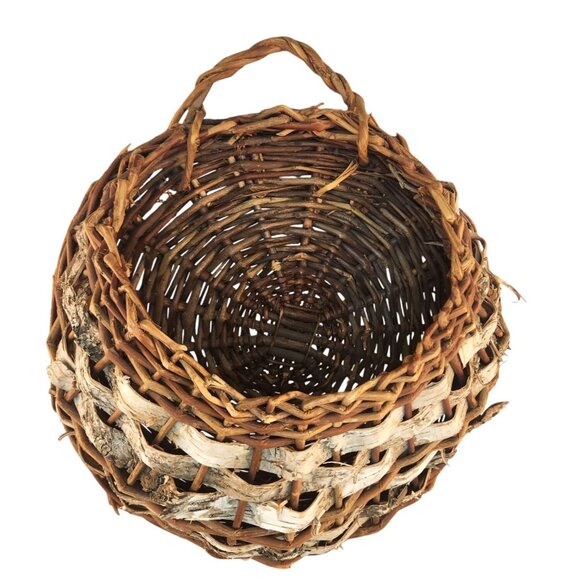 Natural Woven Birch Wicker Wall Hanging Basket With Handle Rustic Accent - Picture 1 of 5